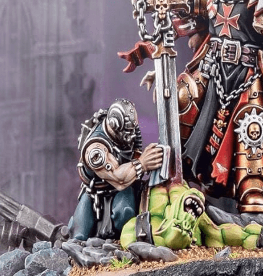 Image from the box art of High Marshal Helbrecht by Games Workshop, showing a servitor cleaning his sword during battle.
